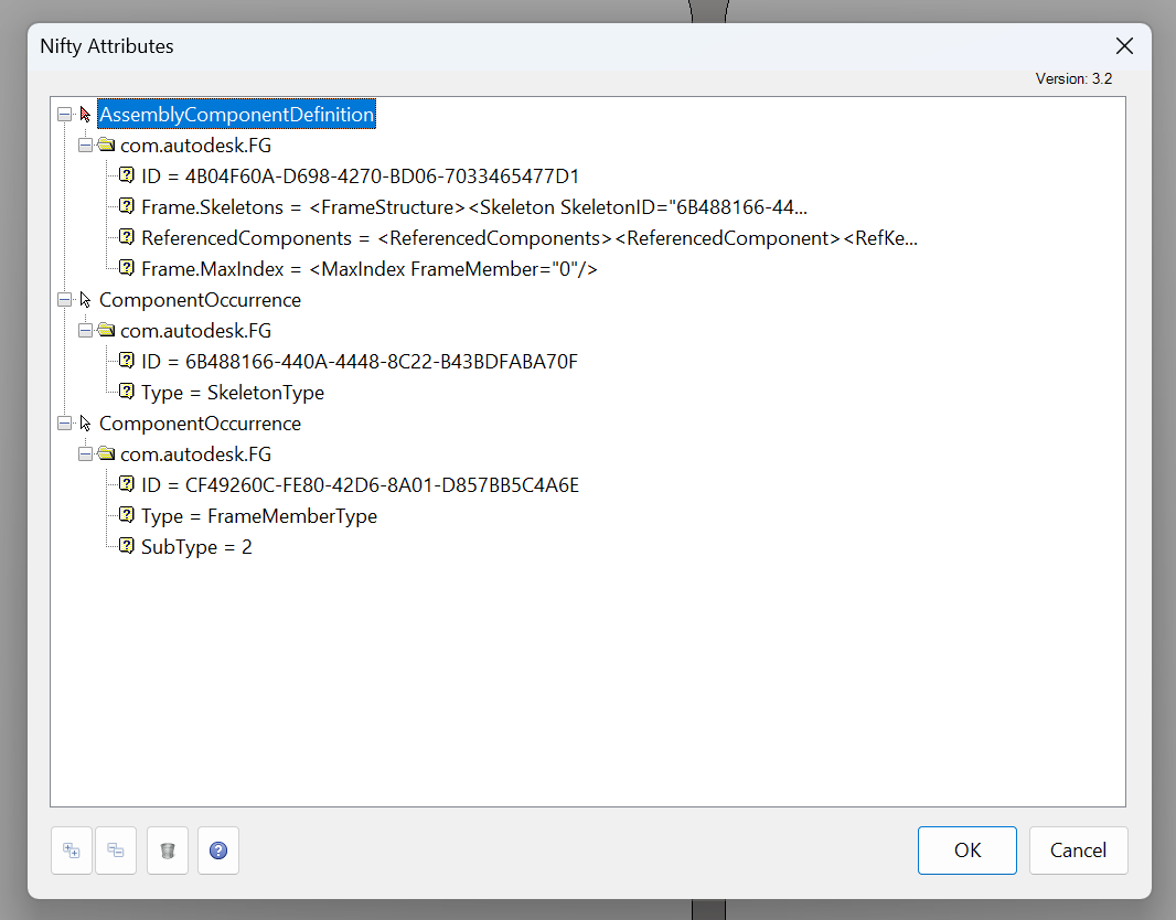 Nifty Attributes viewer showing the com.autodesk.FG attribute set on a frame assembly definition (with the Frame.Skeletons XML payload) and on two component occurrences inside it