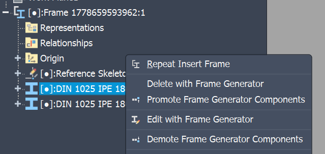 Inventor browser context menu on a frame member, showing the Frame Generator commands: Edit with Frame Generator, Delete with Frame Generator, Promote/Demote, and Repeat Insert Frame