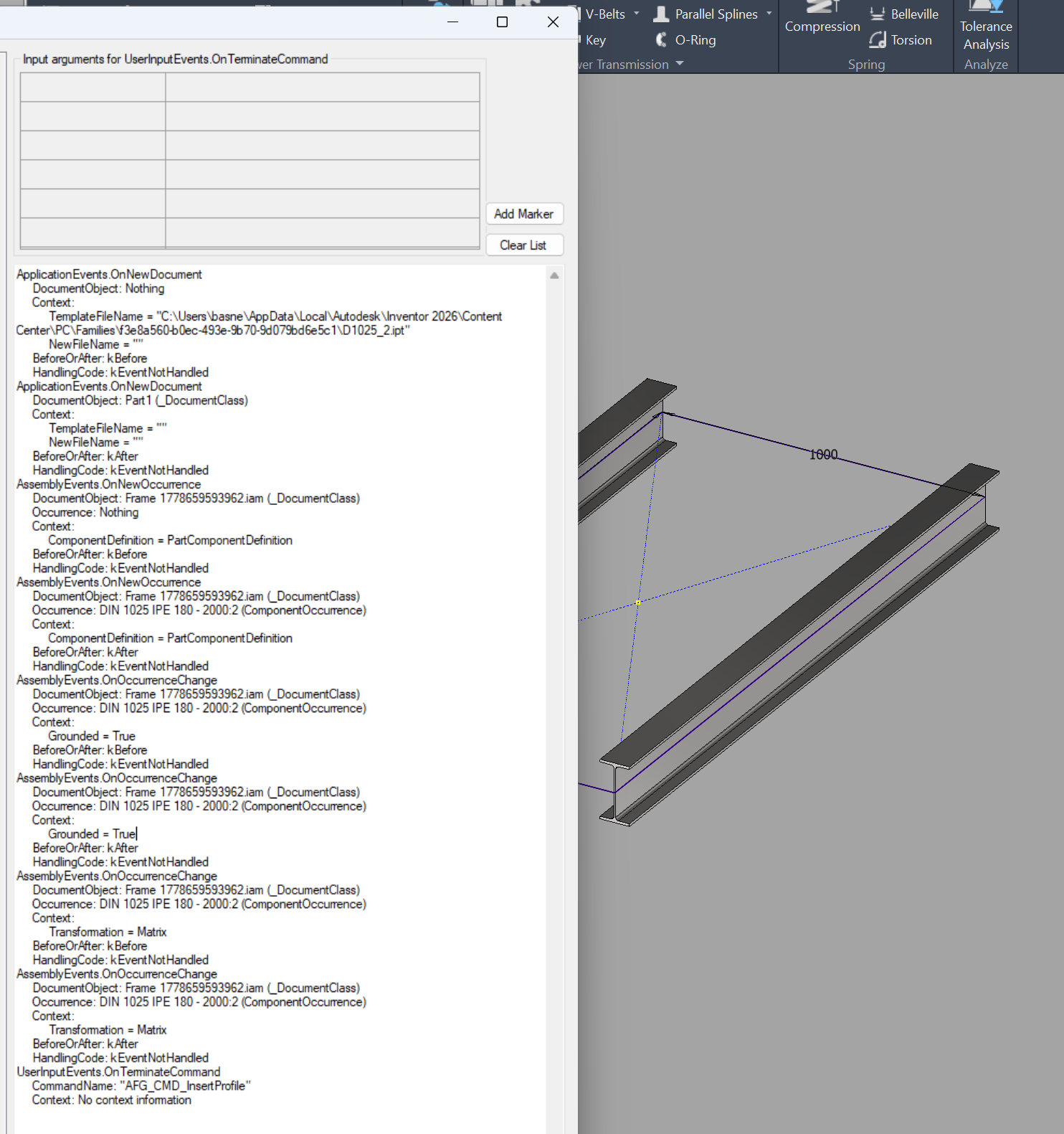 Inventor event viewer during the place phase: a burst of OnNewOccurrence and OnOccurrenceChange events firing for each new occurrence, each labelled kBefore/kAfter, when the user commits the placement