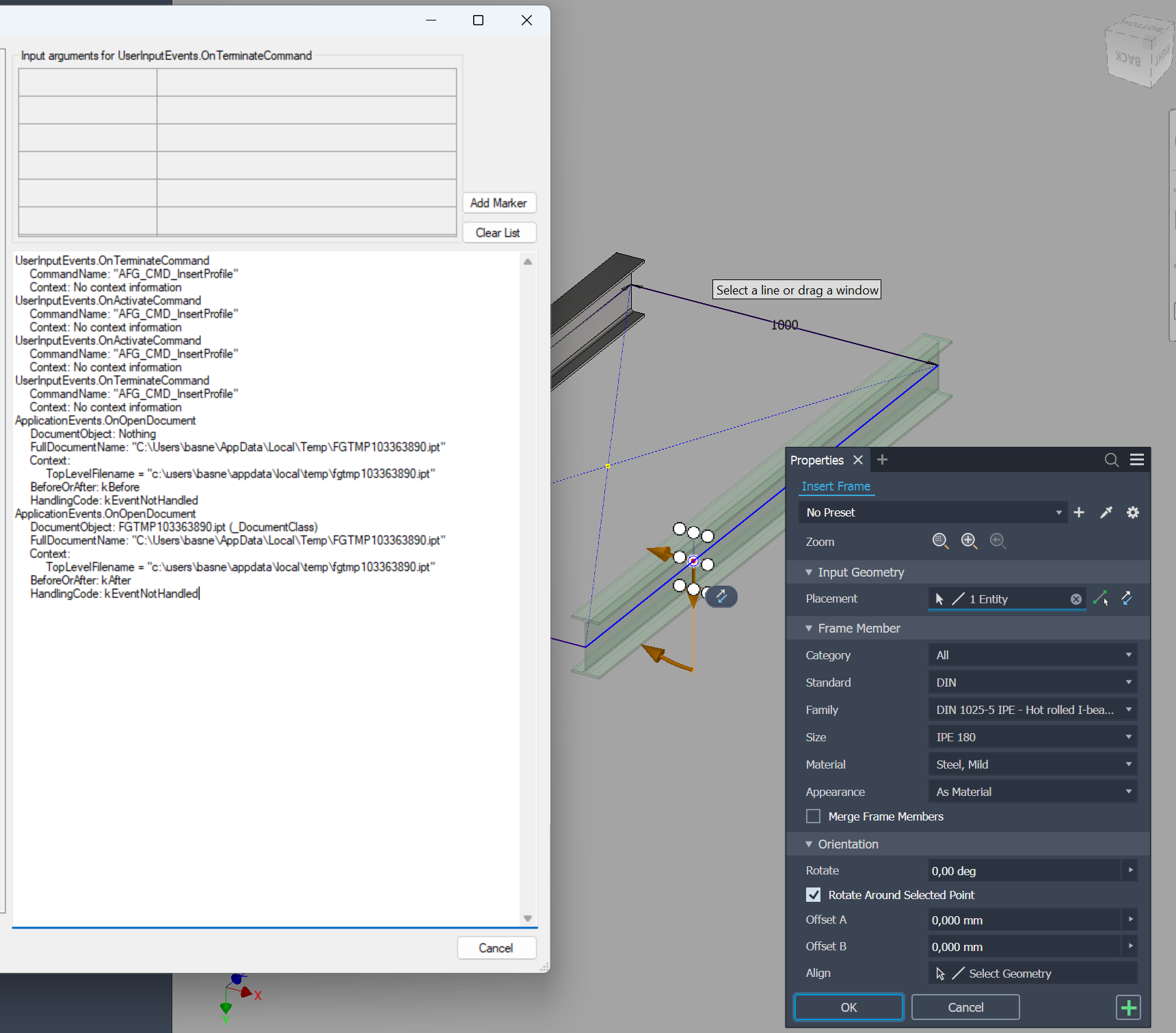 Inventor event viewer during the preview phase: OnActivateCommand fires for AFG_CMD_InsertProfile and a couple of other commands while the user is positioning the new beam, but the heavier assembly events stay quiet