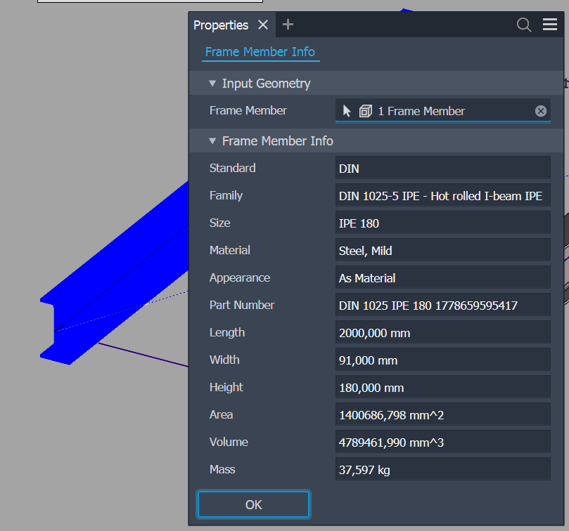 Inventor's Frame Member Info dialog showing a small set of profile fields (Standard, Family, Size, Material, dimensions, mass)