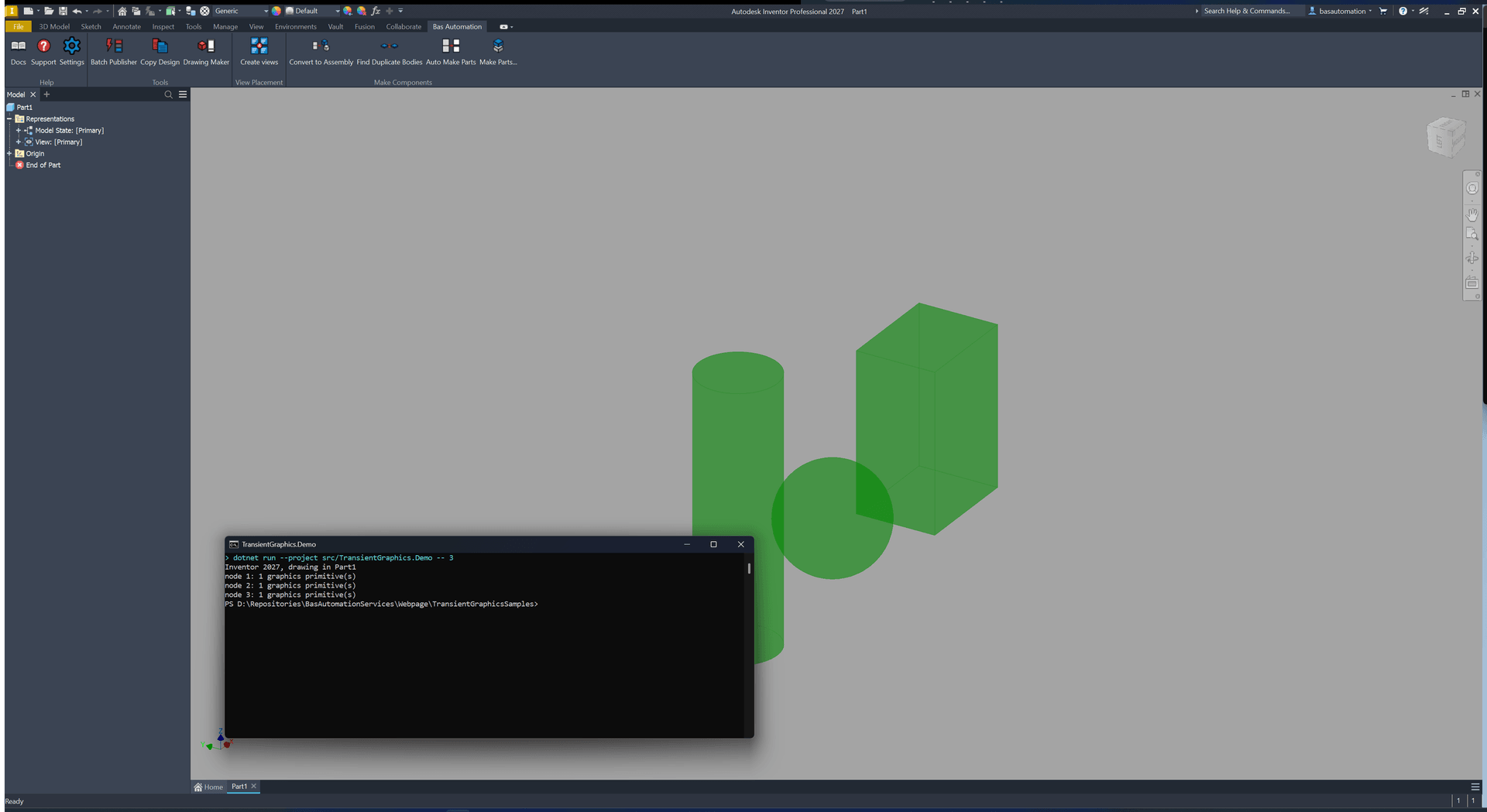 The demo run against Inventor 2027: the console prints the session and the document it drew in, and the three one-shot primitives stand in the viewport of a part whose feature tree is empty