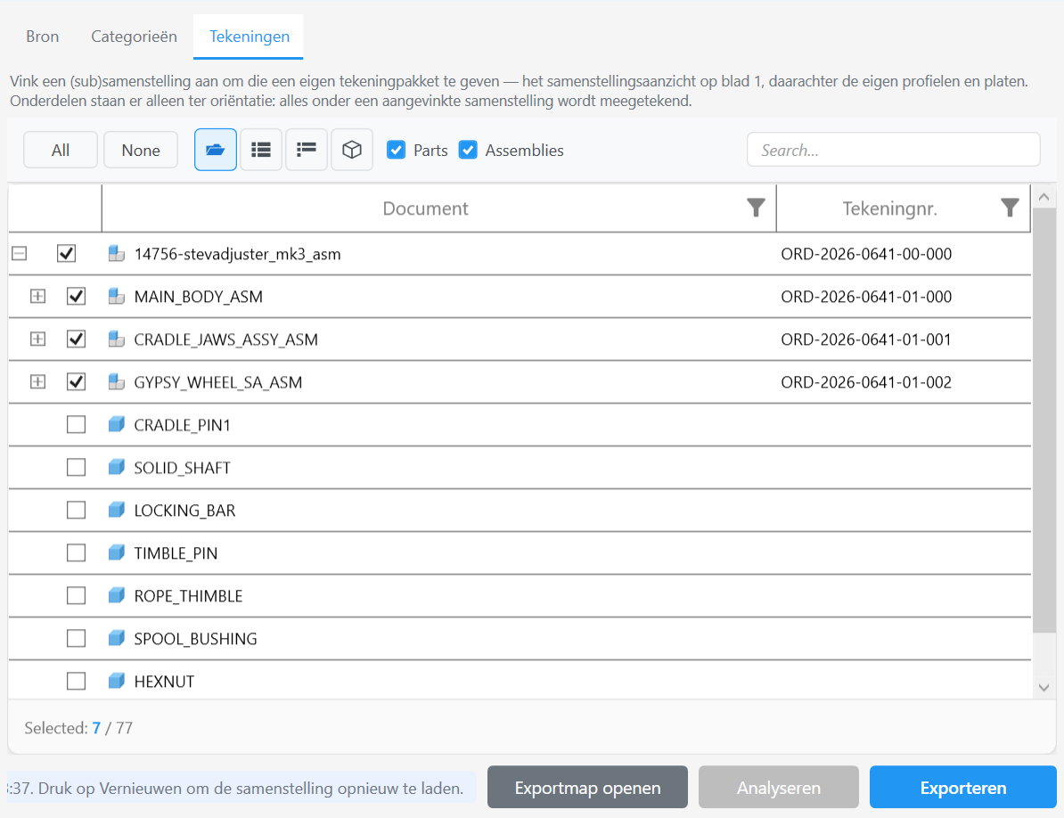 The Drawings tab: assembly tree with checkboxes and a drawing number column