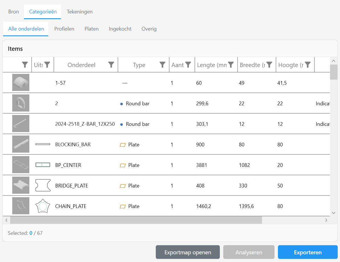The results tabs after analysis: all parts, profiles, plates, purchased and other, with previews and dimensions