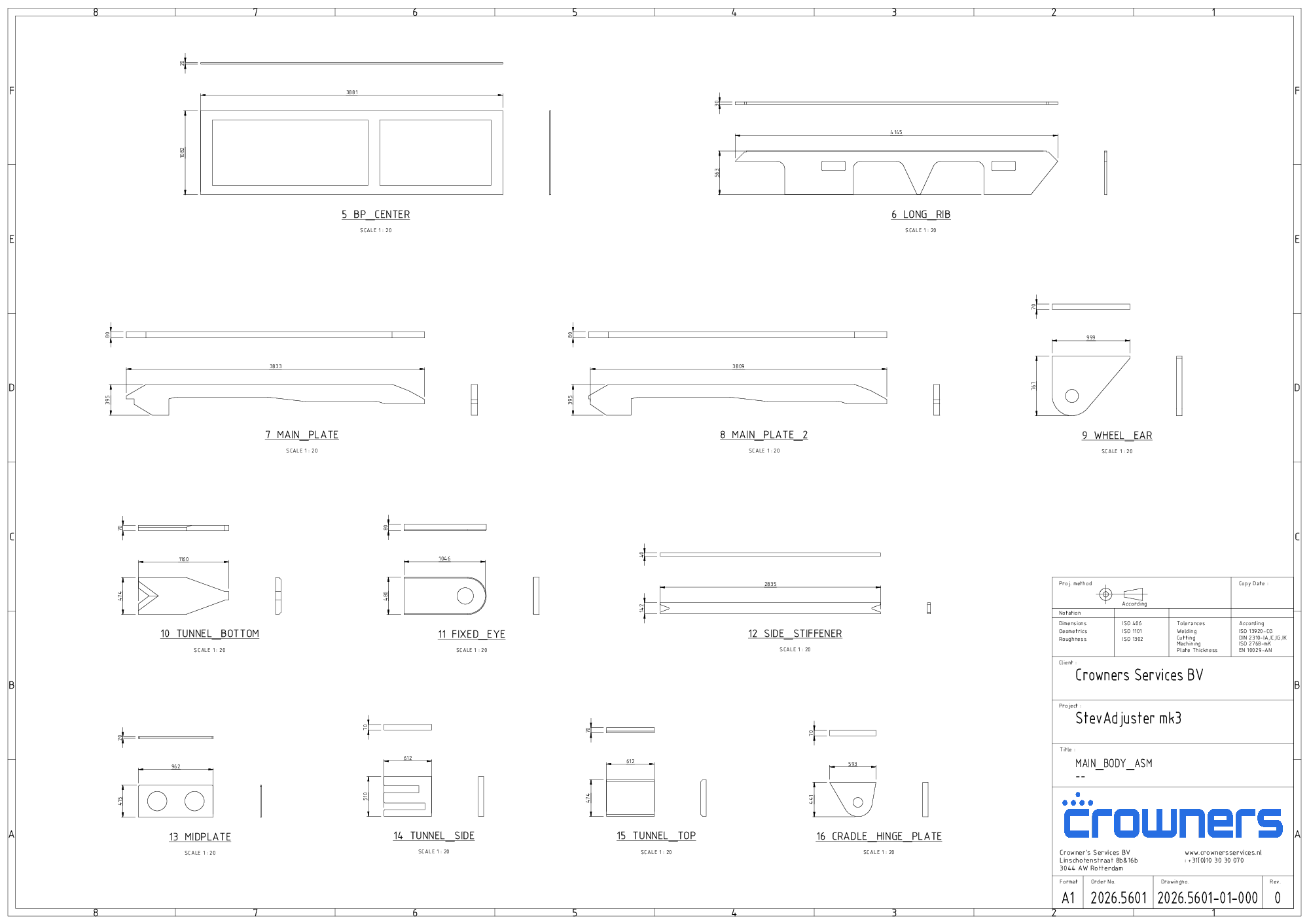 A part sheet from the package: twelve plates in a grid, each with three views, one shared scale