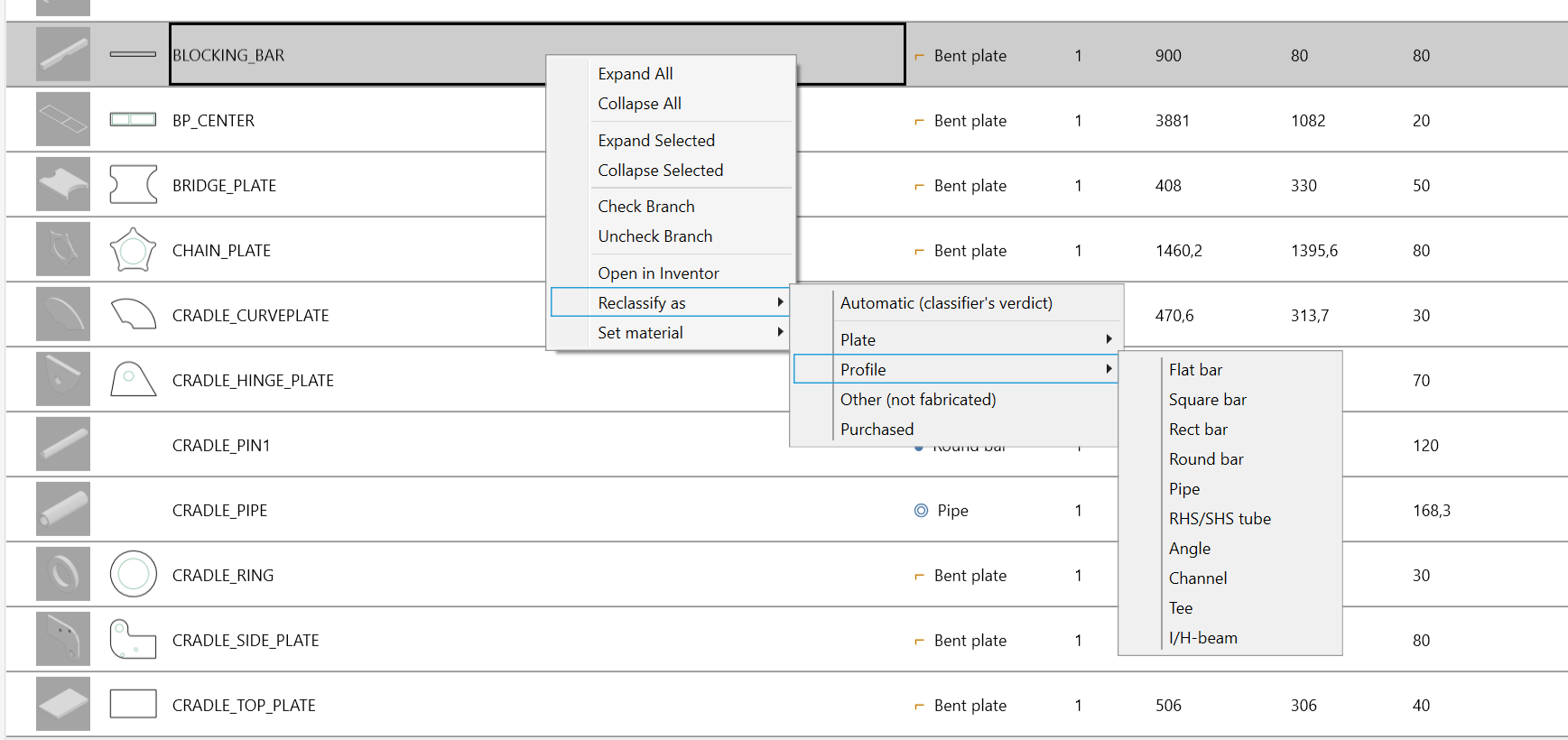 Right-click menu on a grid row offering Reclassify as, with plate and profile section types