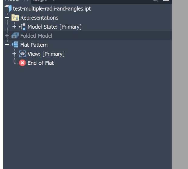 Inventor model tree showing Folded Model and Flat Pattern nodes after conversion